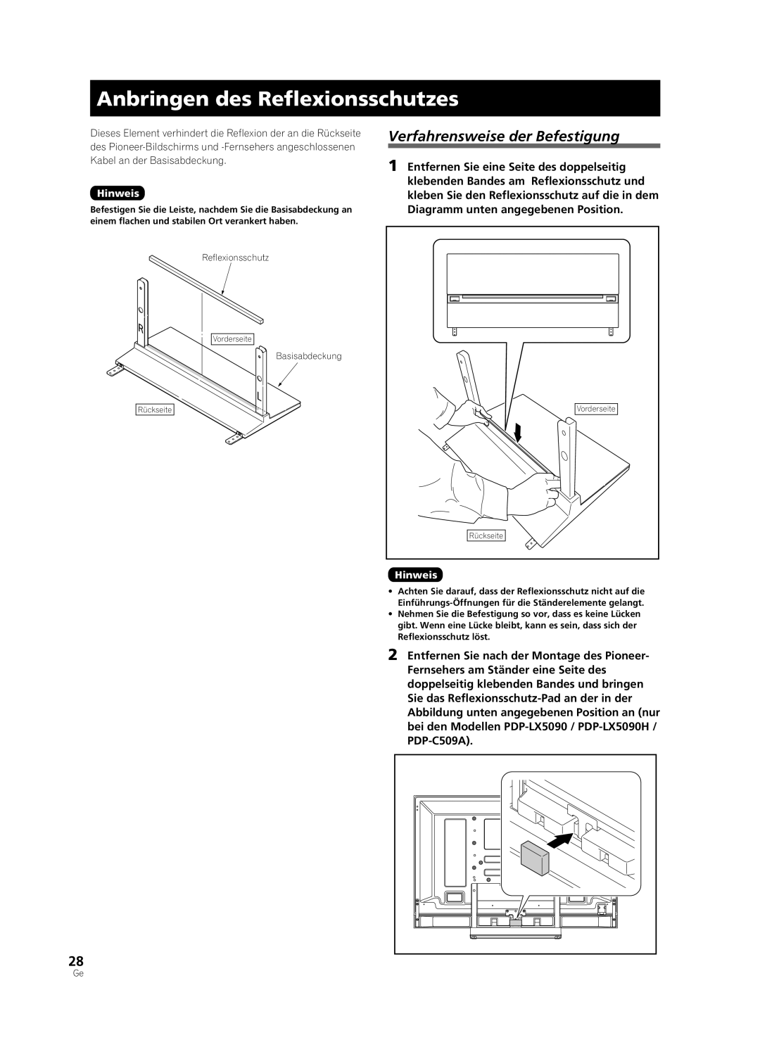 Pioneer PDK-TS33A, KRP-TS02 manual Anbringen des Reﬂexionsschutzes, Verfahrensweise der Befestigung 