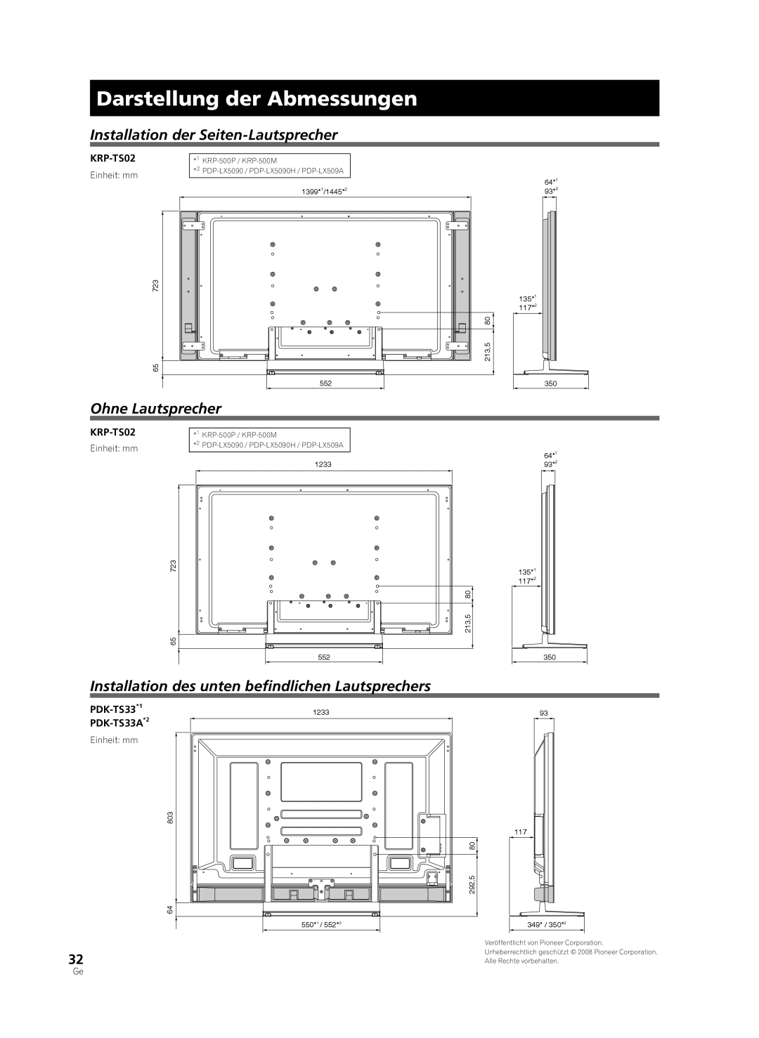 Pioneer KRP-TS02 manual Darstellung der Abmessungen, Installation der Seiten-Lautsprecher, Ohne Lautsprecher, PDK-TS33*1 