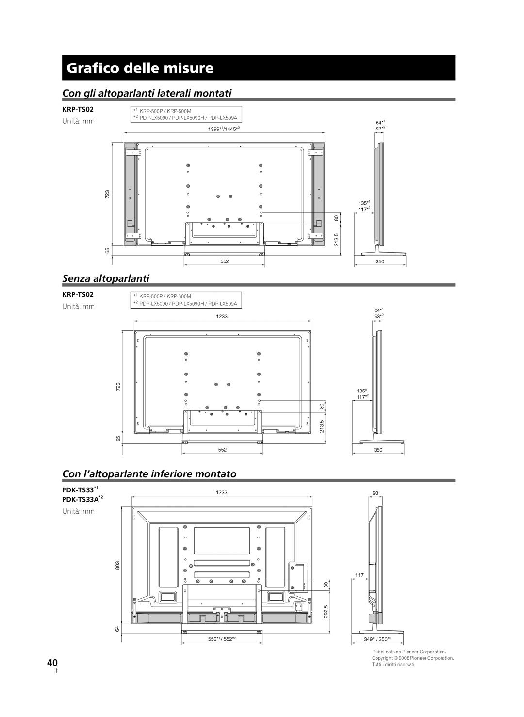 Pioneer PDK-TS33A, KRP-TS02 manual Graﬁco delle misure, Con gli altoparlanti laterali montati, Senza altoparlanti 