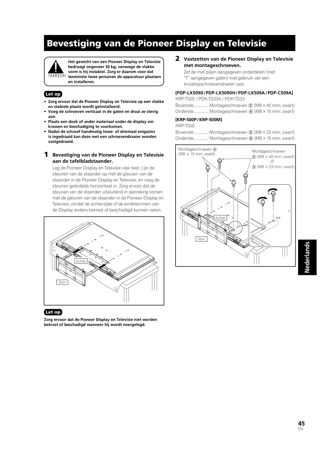 Pioneer PDK-TS33A, KRP-TS02 manual Bevestiging van de Pioneer Display en Televisie, KRP-500P/KRP-500M 