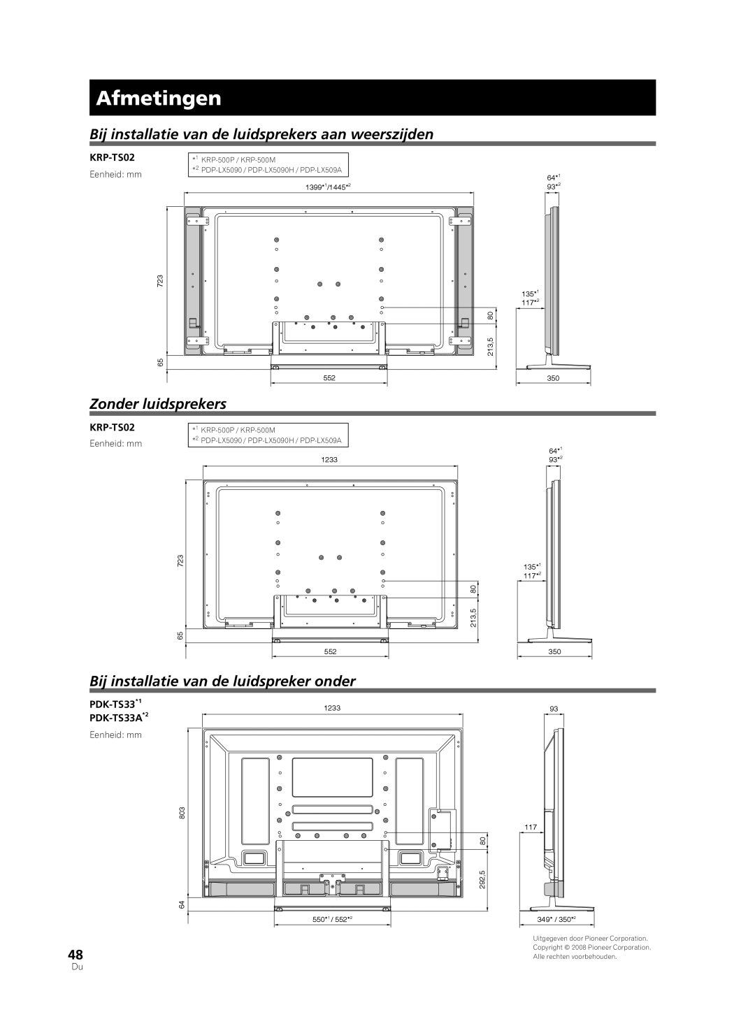 Pioneer PDK-TS33A, KRP-TS02 manual Afmetingen, Bij installatie van de luidsprekers aan weerszijden, Zonder luidsprekers 