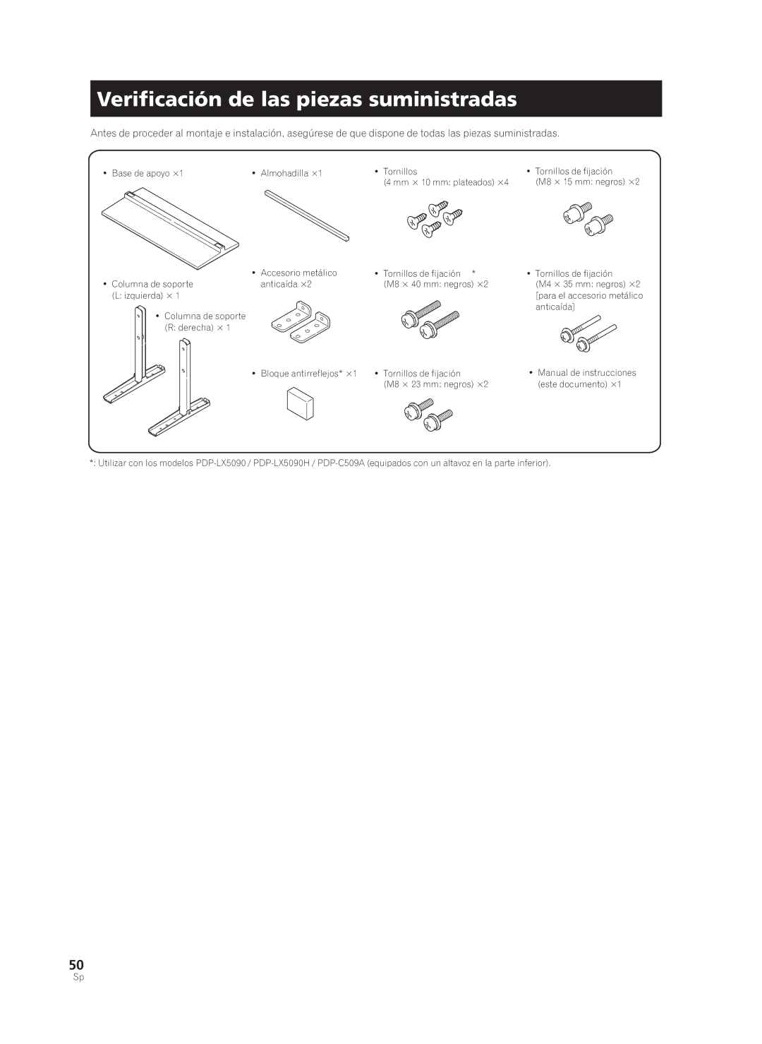 Pioneer KRP-TS02, PDK-TS33A manual Veriﬁcación de las piezas suministradas 