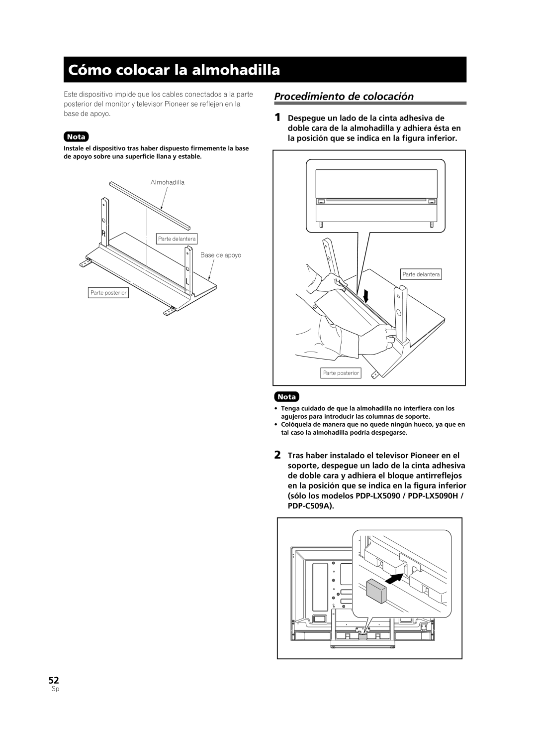 Pioneer PDK-TS33A, KRP-TS02 manual Cómo colocar la almohadilla, Procedimiento de colocación 