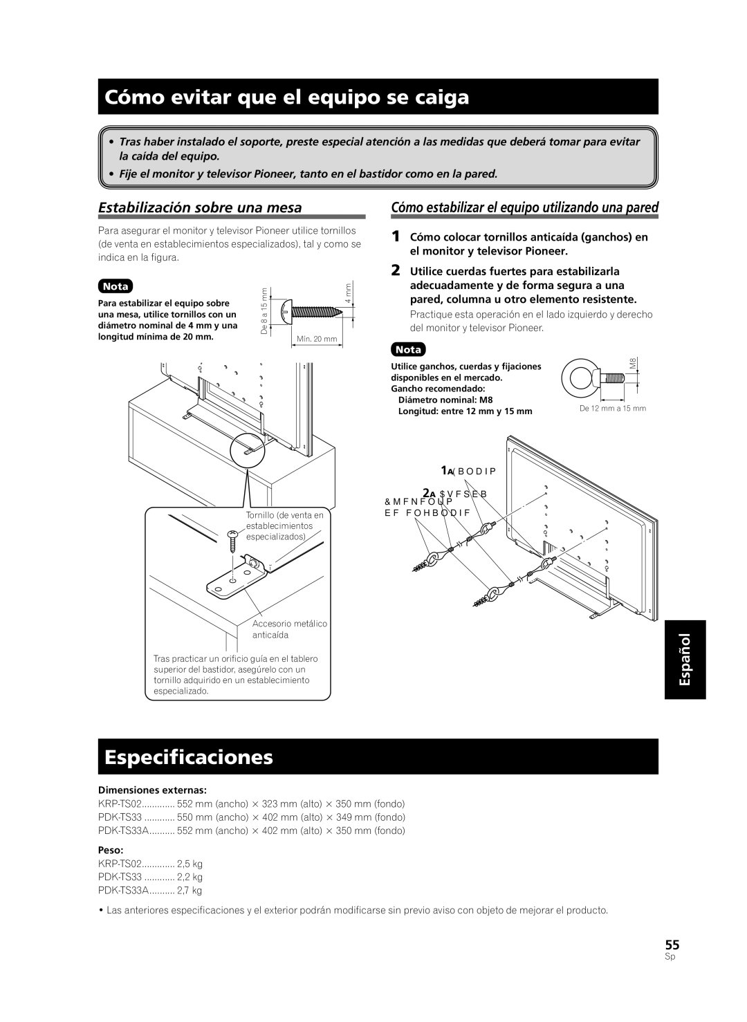 Pioneer PDK-TS33 Cómo evitar que el equipo se caiga, Especiﬁcaciones, Estabilización sobre una mesa, Dimensiones externas 