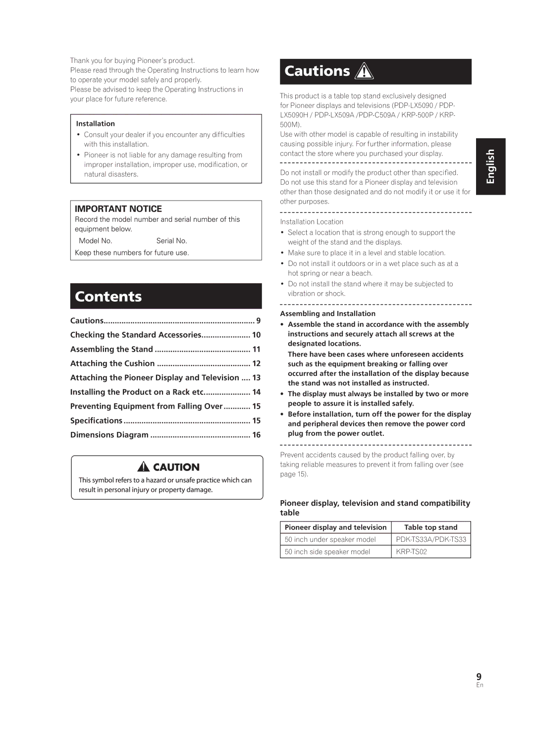 Pioneer PDK-TS33A, KRP-TS02 manual Contents 