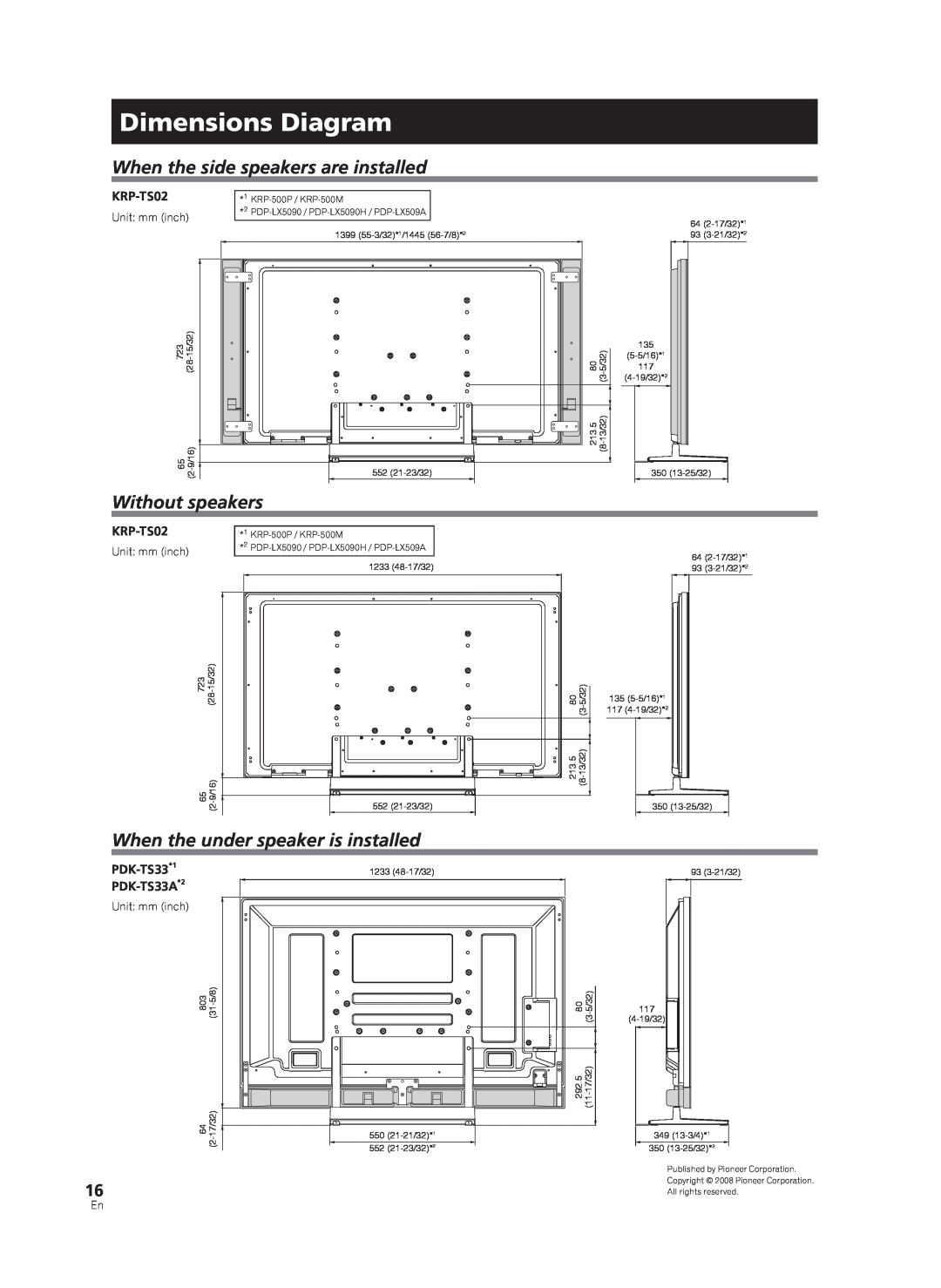 Pioneer PDK-TS33A, KRP-TS02 Dimensions Diagram, When the side speakers are installed, Without speakers, Unit: mm inch 