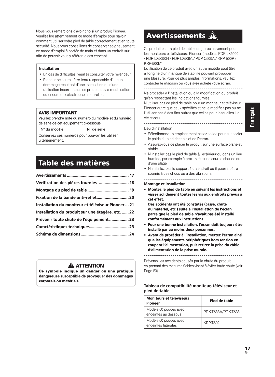Pioneer KRP-TS02, PDK-TS33A manual Table des matières, Avertissements, Français 