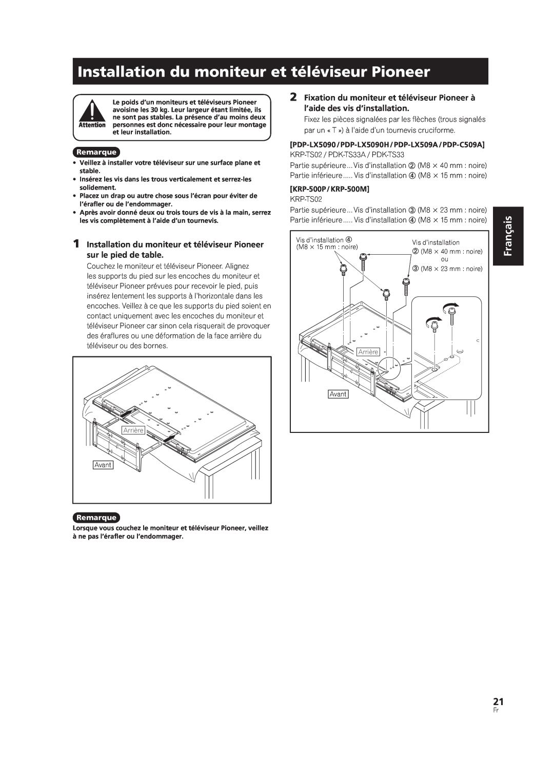 Pioneer manual Installation du moniteur et téléviseur Pioneer, Français, KRP-TS02 / PDK-TS33A / PDK-TS33 