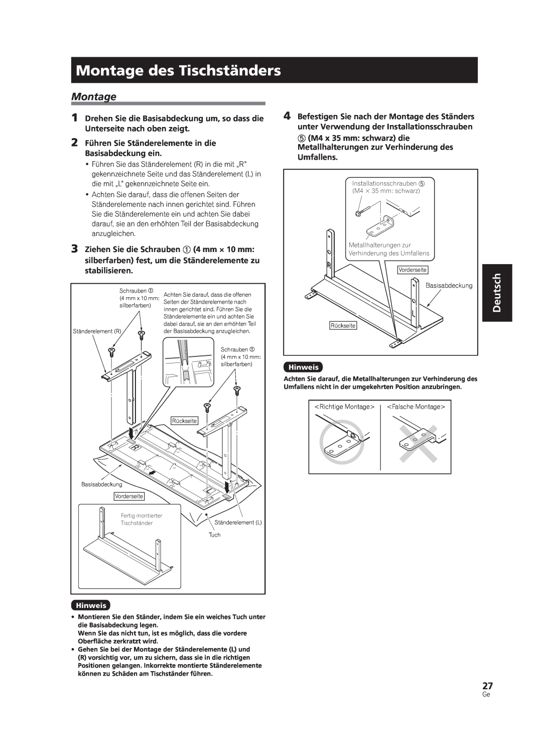 Pioneer PDK-TS33A, KRP-TS02 manual Montage des Tischständers, Deutsch 
