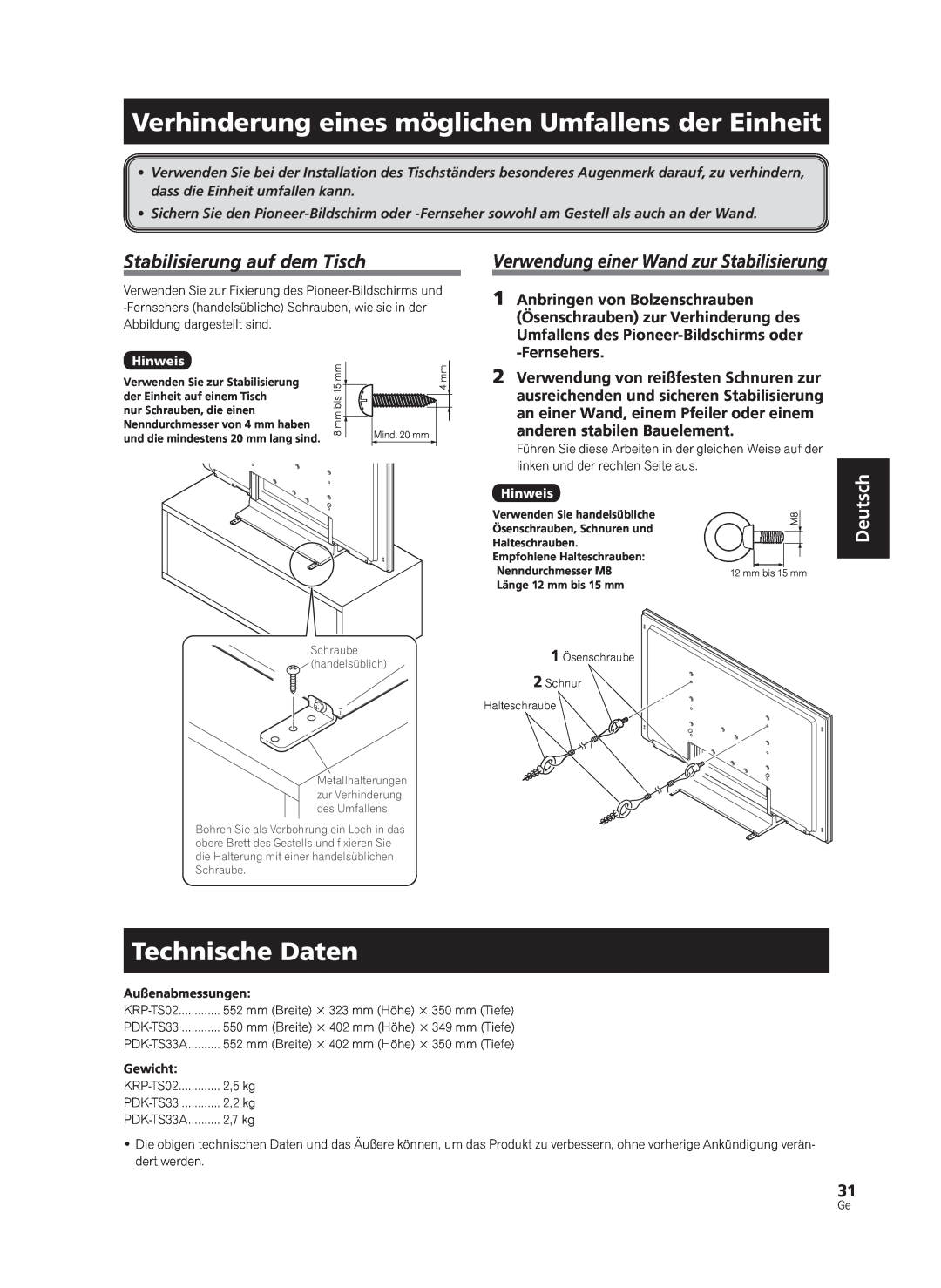 Pioneer PDK-TS33 manual Technische Daten, Stabilisierung auf dem Tisch, Verwendung einer Wand zur Stabilisierung, Deutsch 