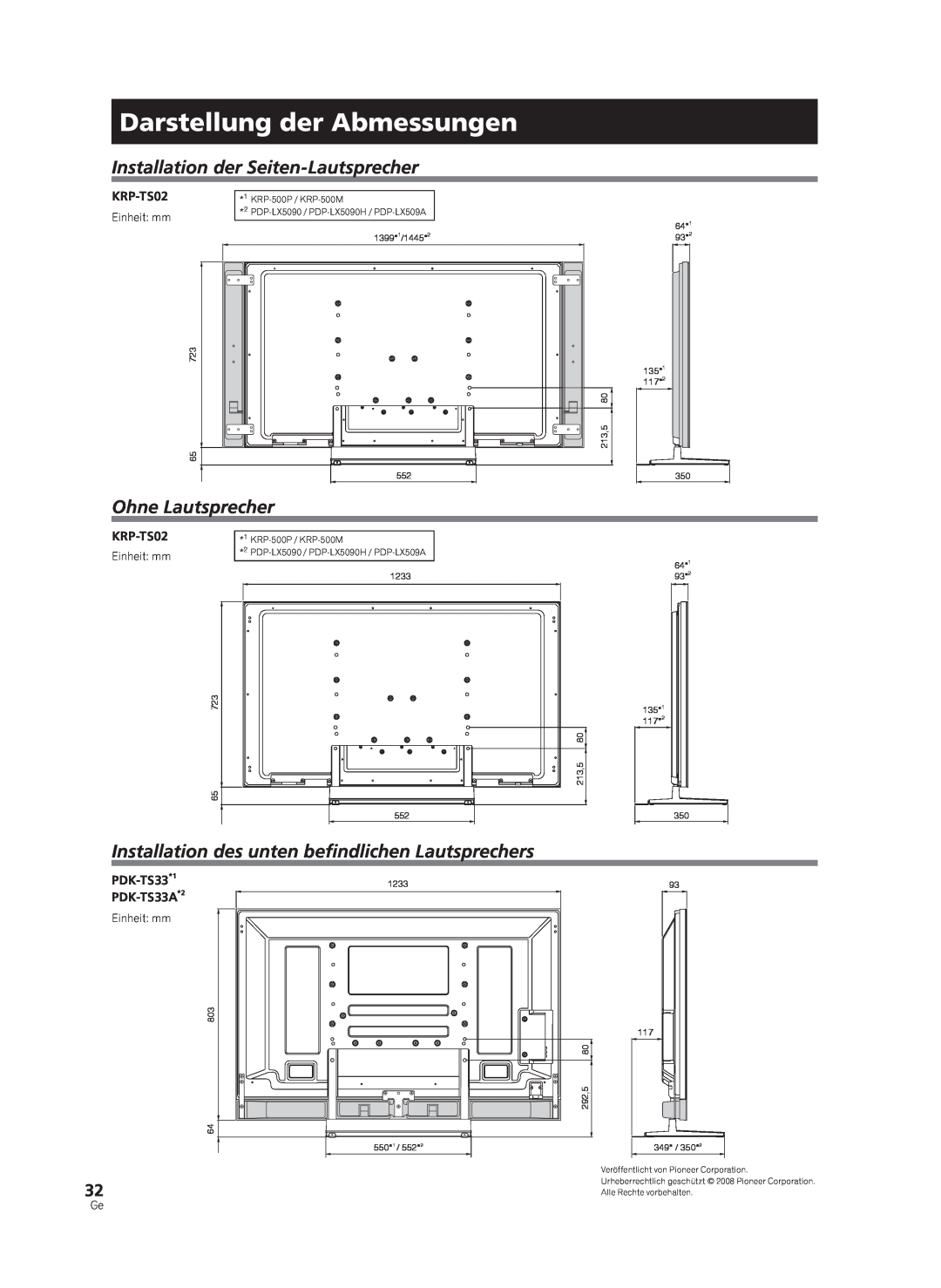 Pioneer KRP-TS02 Darstellung der Abmessungen, Installation der Seiten-Lautsprecher, Ohne Lautsprecher, Einheit: mm, 723 65 