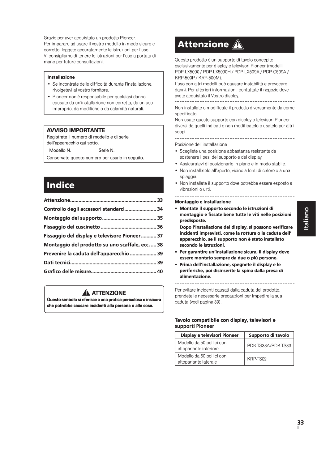 Pioneer PDK-TS33A, KRP-TS02 manual Indice, Attenzione, Italiano 