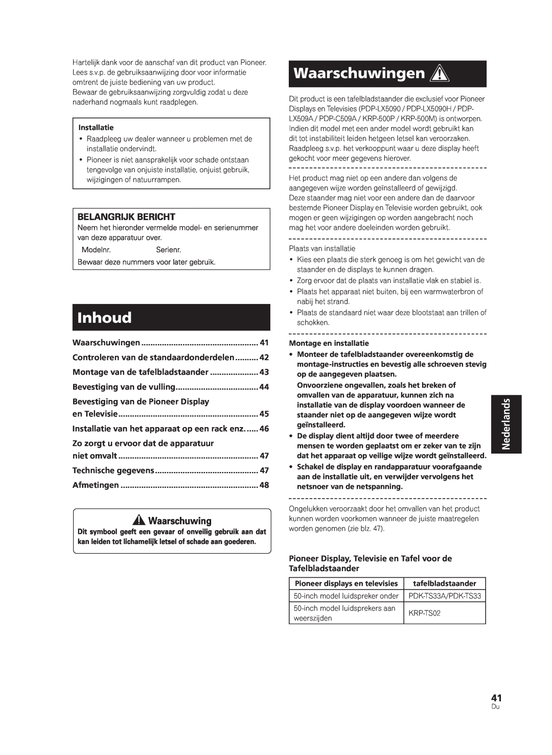 Pioneer KRP-TS02, PDK-TS33A manual Inhoud, Waarschuwingen, Nederlands 