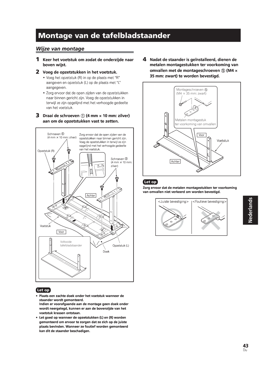 Pioneer PDK-TS33A, KRP-TS02 manual Montage van de tafelbladstaander, Wijze van montage, Nederlands 