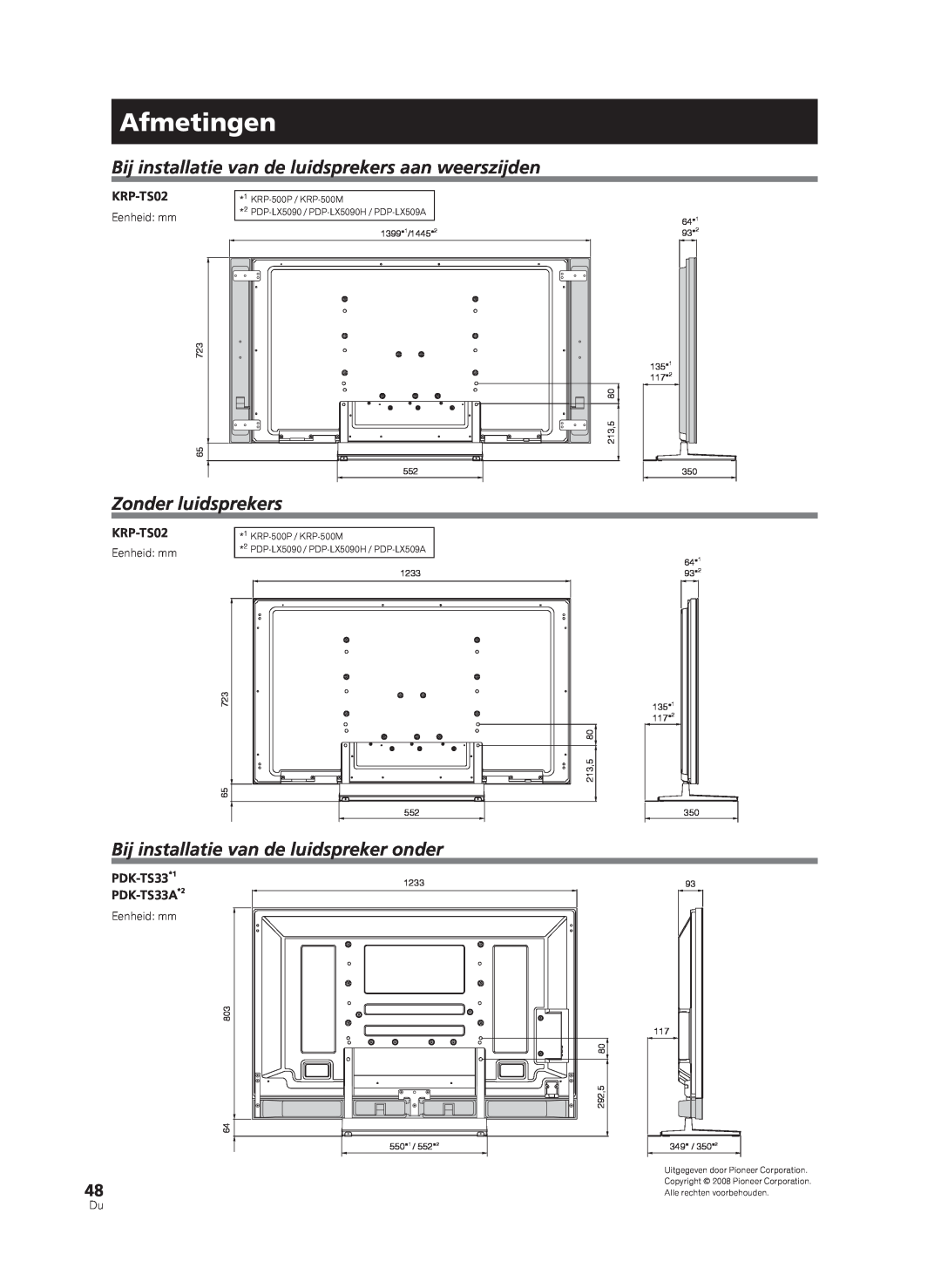 Pioneer PDK-TS33A Afmetingen, Zonder luidsprekers, Bij installatie van de luidspreker onder, Eenheid: mm, 723 65, 1233 552 