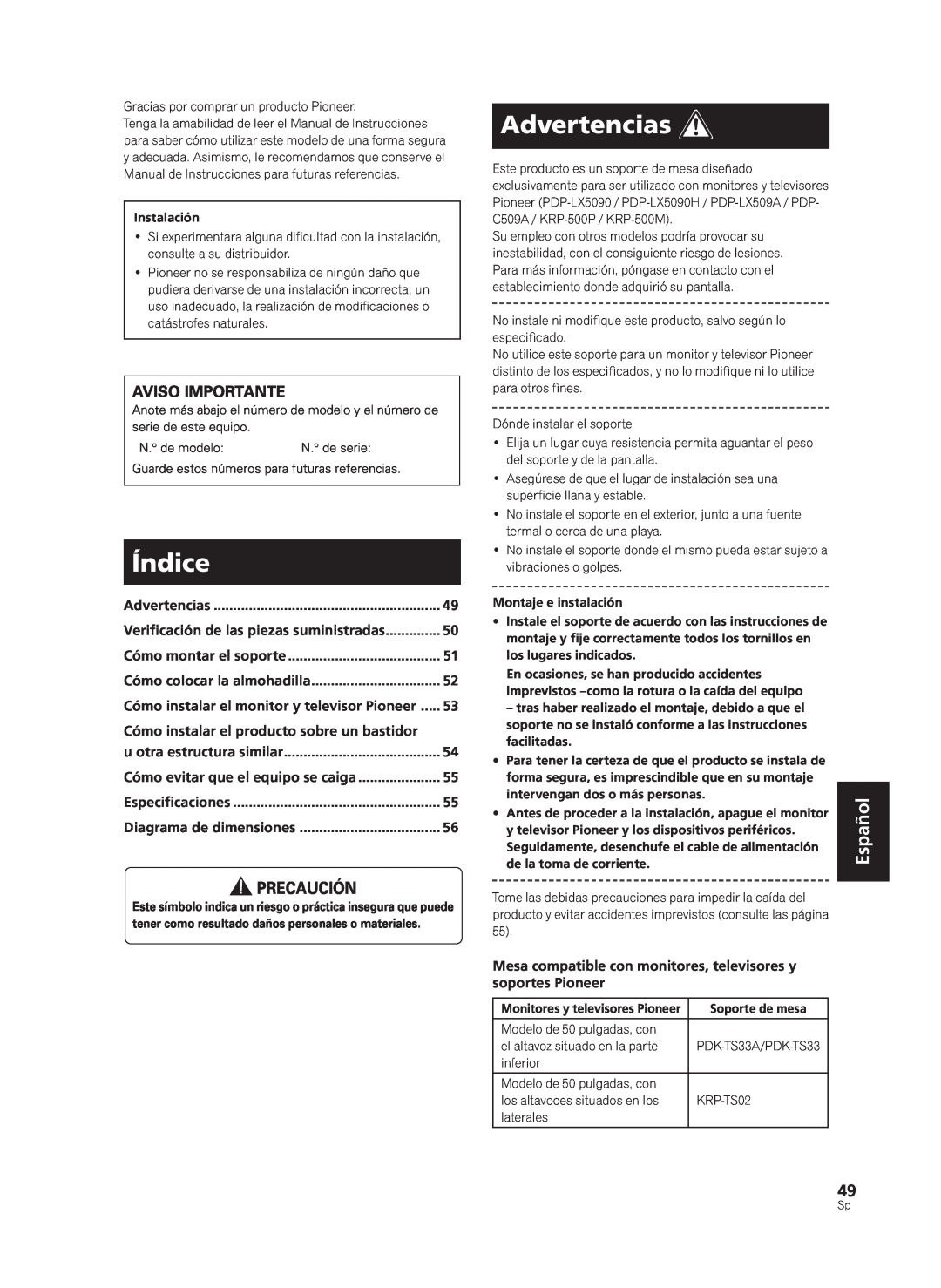 Pioneer PDK-TS33A, KRP-TS02 manual Índice, Advertencias 
