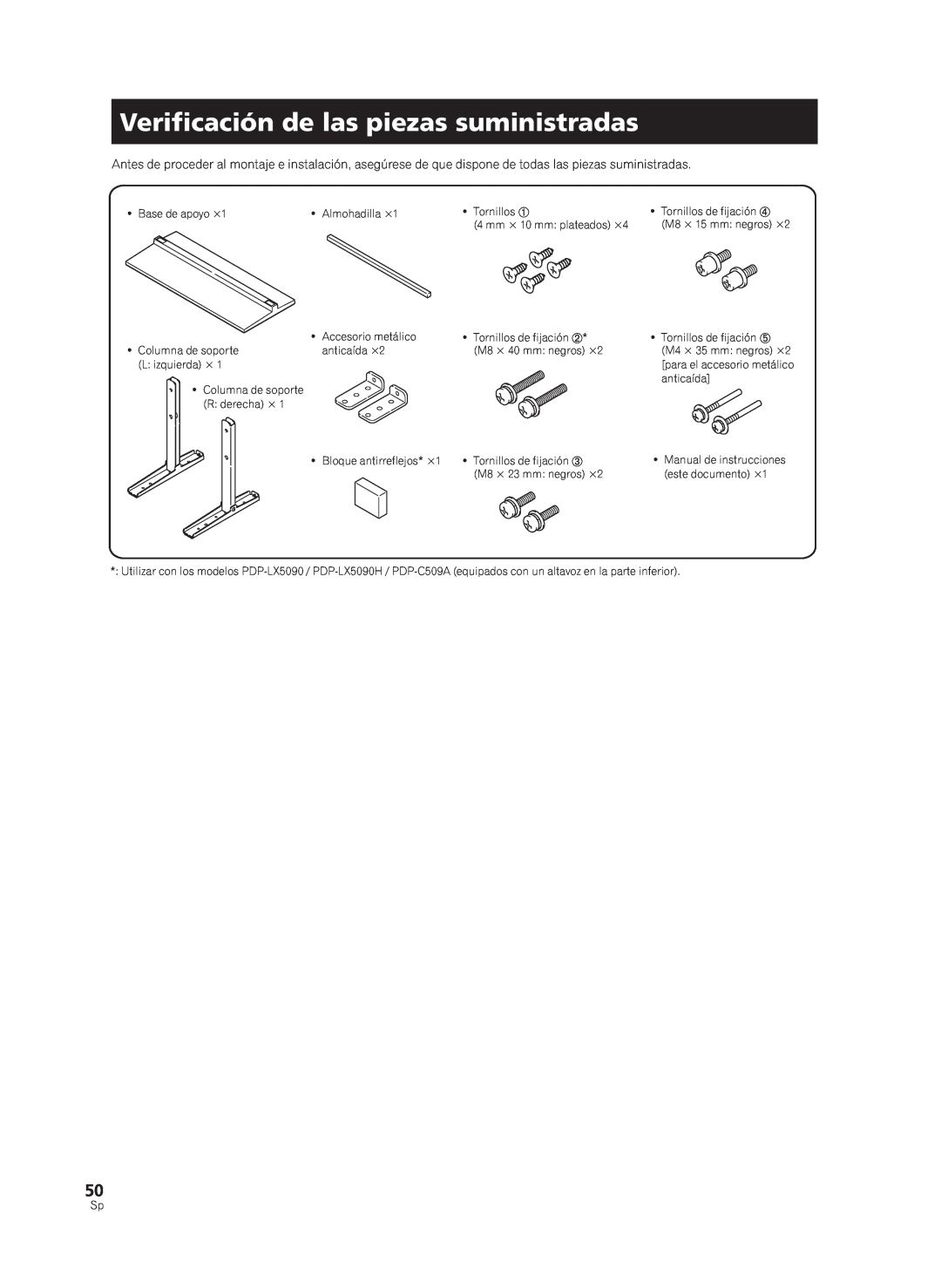 Pioneer KRP-TS02, PDK-TS33A manual Veriﬁcación de las piezas suministradas 