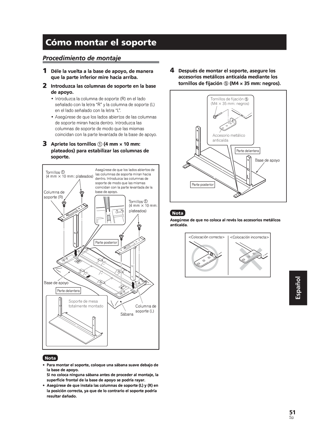 Pioneer PDK-TS33A, KRP-TS02 manual Cómo montar el soporte, Procedimiento de montaje, Español 