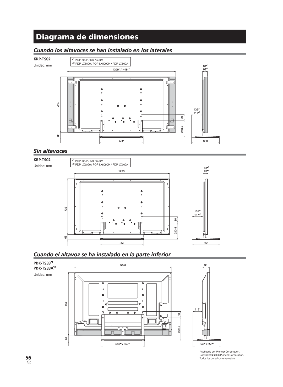 Pioneer KRP-TS02, PDK-TS33A manual Diagrama de dimensiones, Sin altavoces 