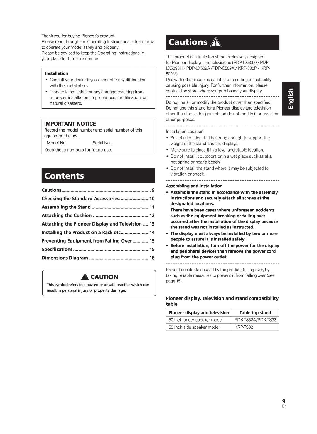 Pioneer PDK-TS33A, KRP-TS02 manual Contents, Cautions, English 