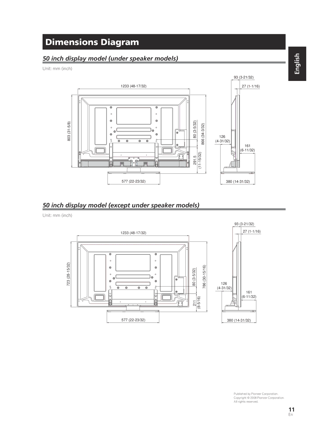 Pioneer PDK-TS36B manual Dimensions Diagram, Inch display model under speaker models 