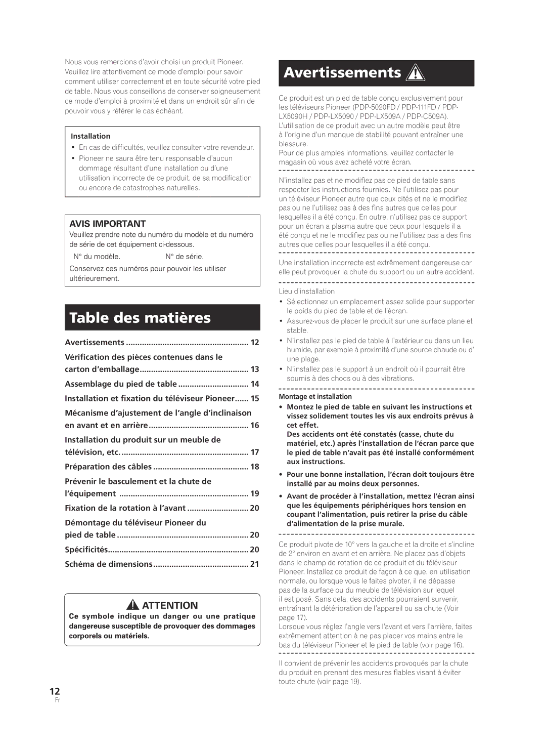 Pioneer PDK-TS36B manual Table des matières, Avertissements 