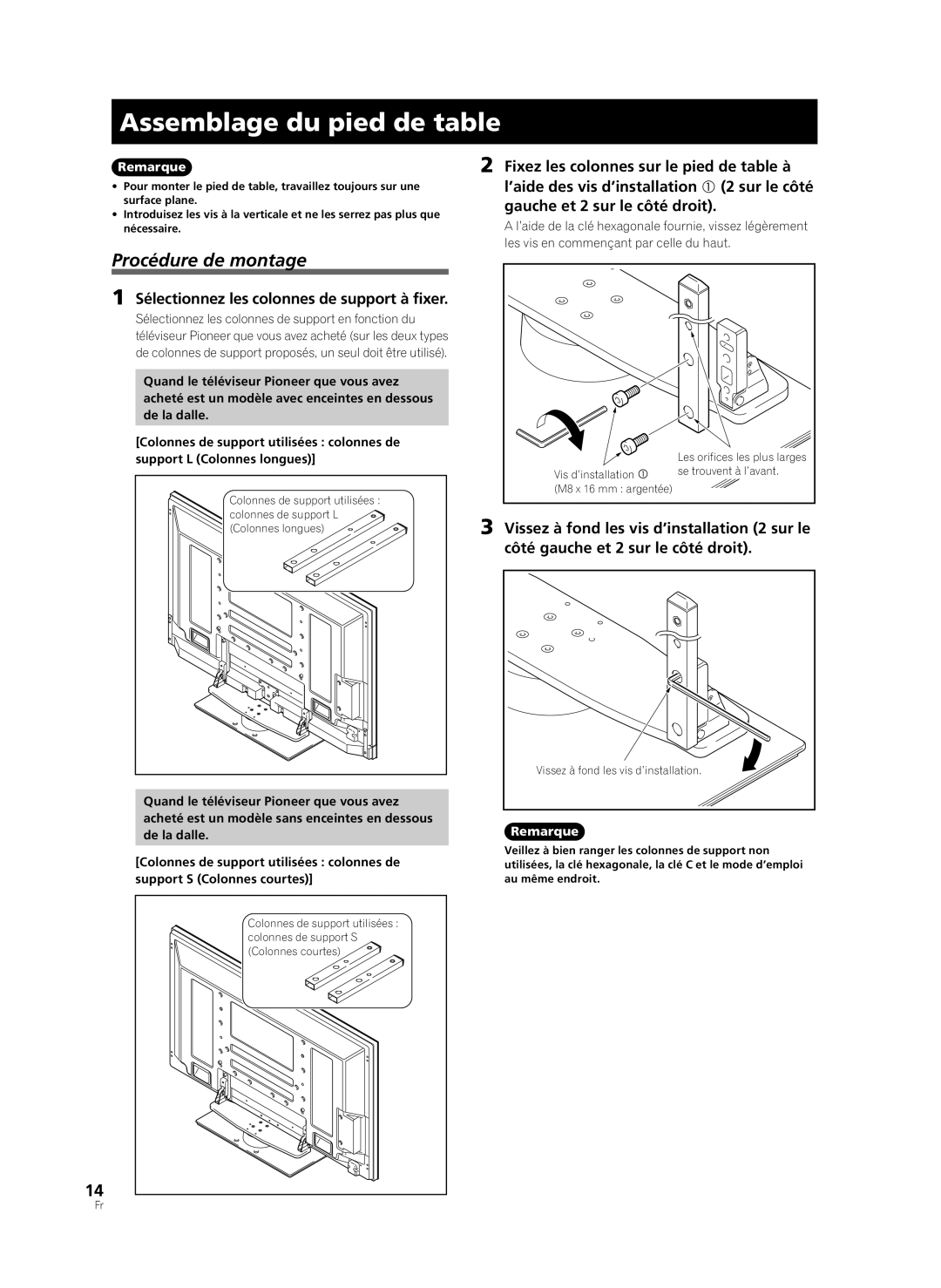 Pioneer PDK-TS36B manual Assemblage du pied de table, Procédure de montage, Sélectionnez les colonnes de support à fixer 