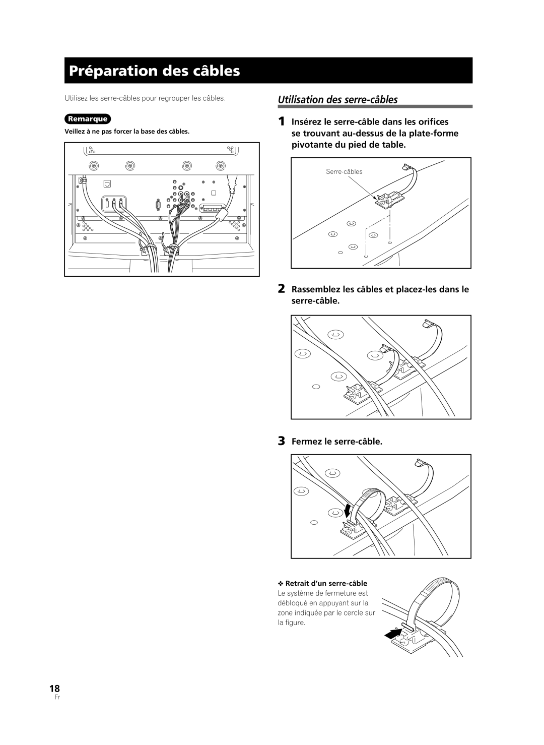 Pioneer PDK-TS36B manual Préparation des câbles, Utilisation des serre-câbles 