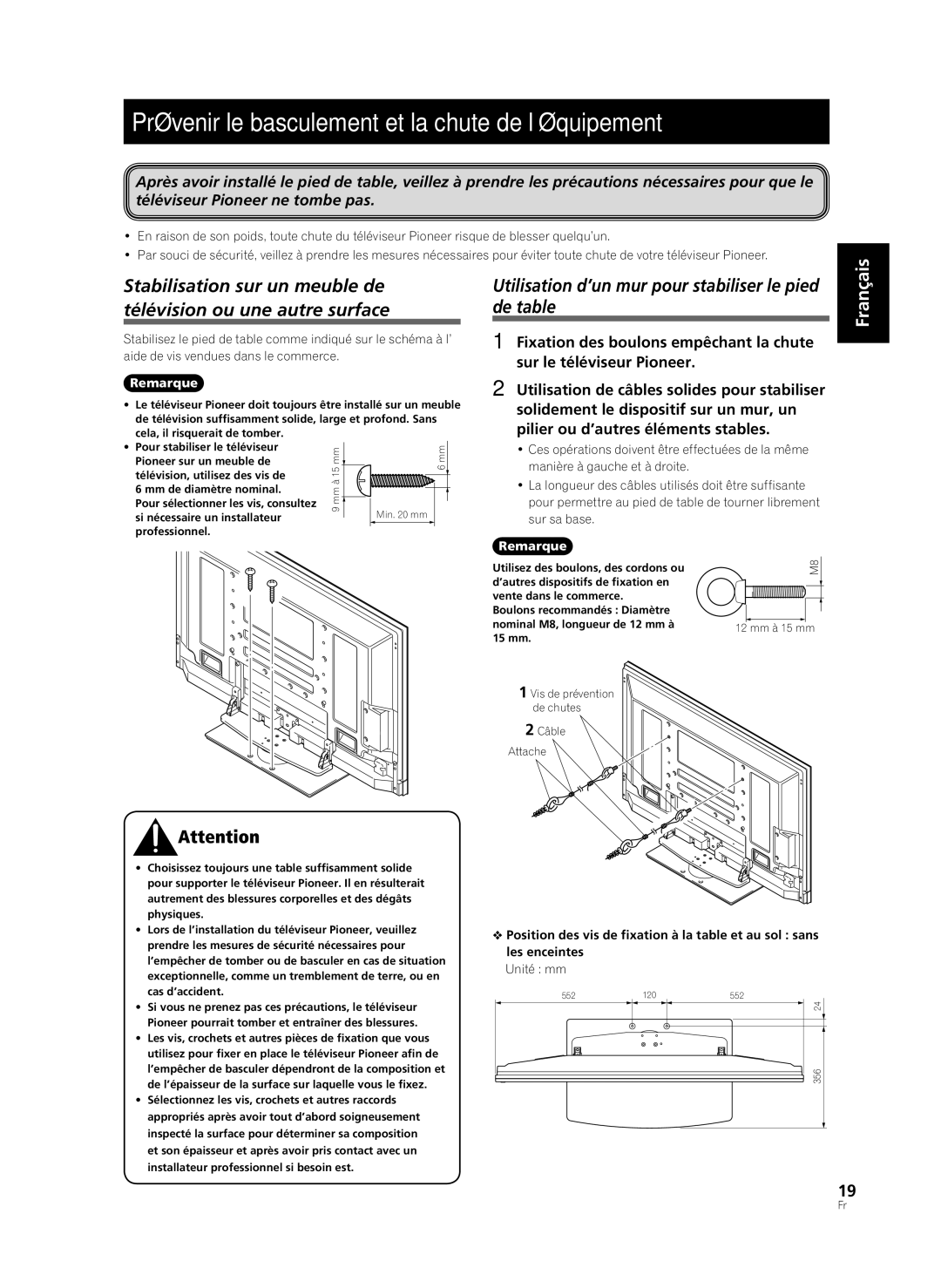 Pioneer PDK-TS36B manual Prévenir le basculement et la chute de l’équipement 