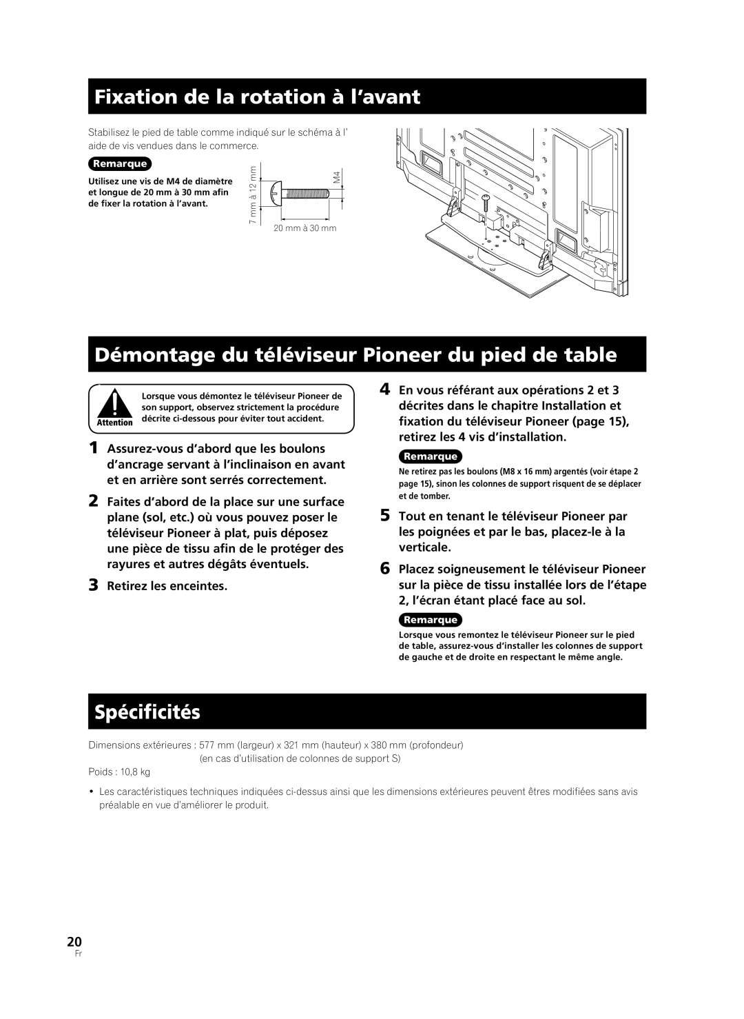 Pioneer PDK-TS36B manual Fixation de la rotation à l’avant, Démontage du téléviseur Pioneer du pied de table, Spécificités 