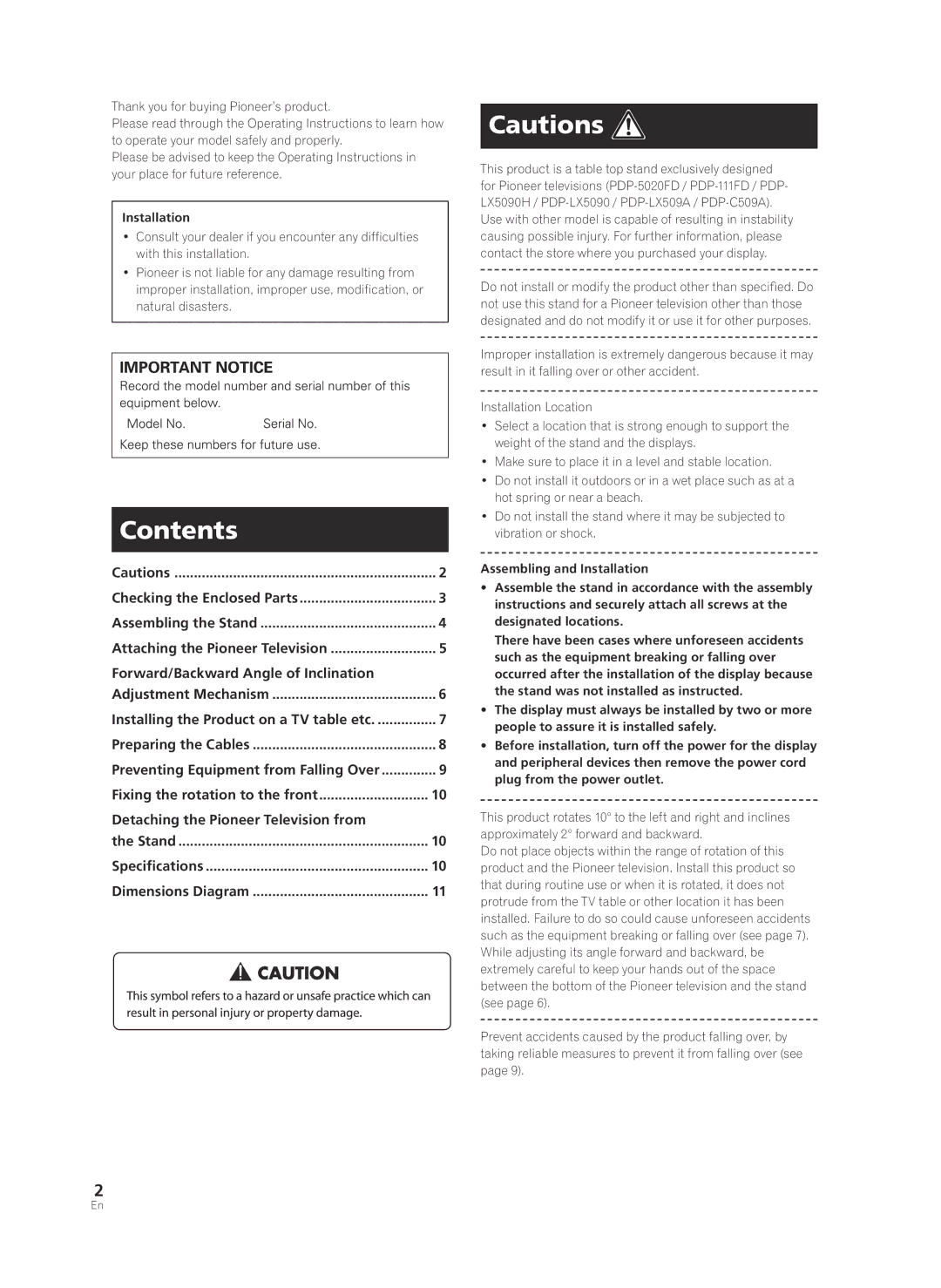 Pioneer PDK-TS36B manual Contents 