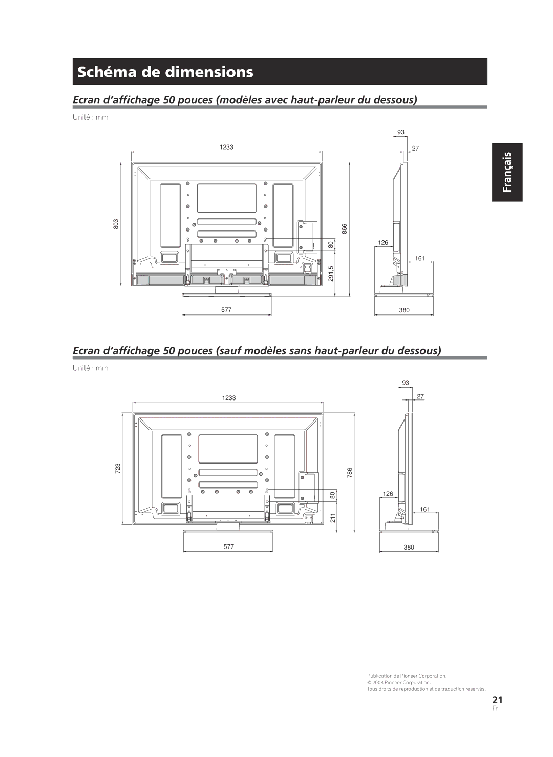 Pioneer PDK-TS36B manual Schéma de dimensions, 126 161 577 380 