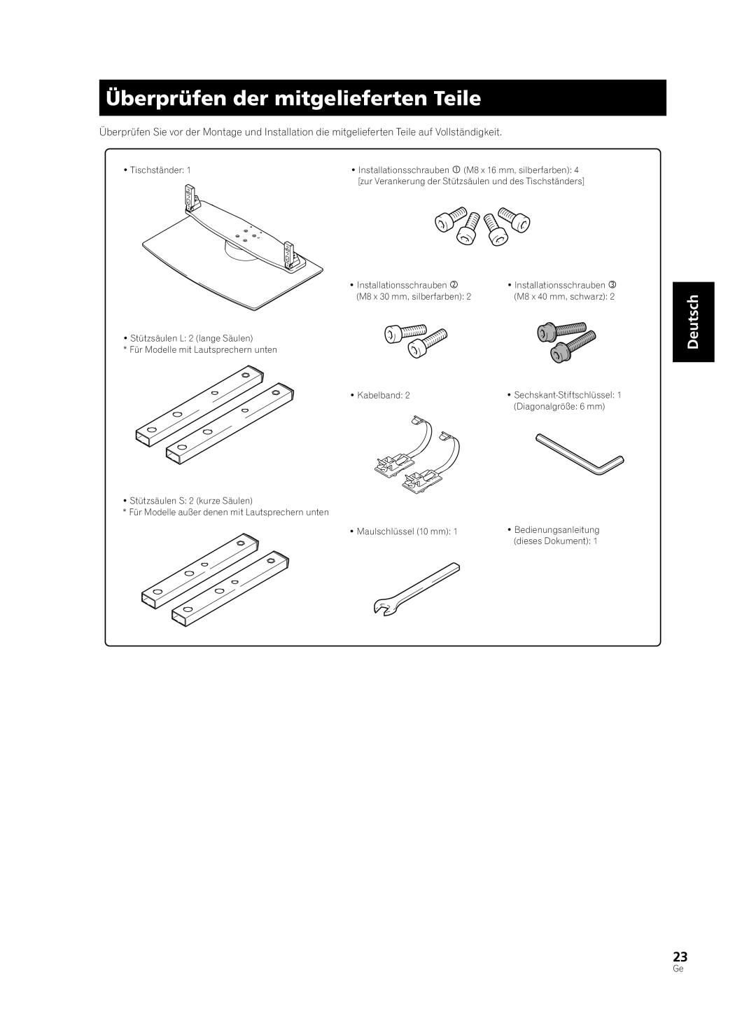 Pioneer PDK-TS36B manual Überprüfen der mitgelieferten Teile, VS7FSBOLFSVOHEFS4UÊUT´VMFOVOEEFT5JTDITU´OEFST 