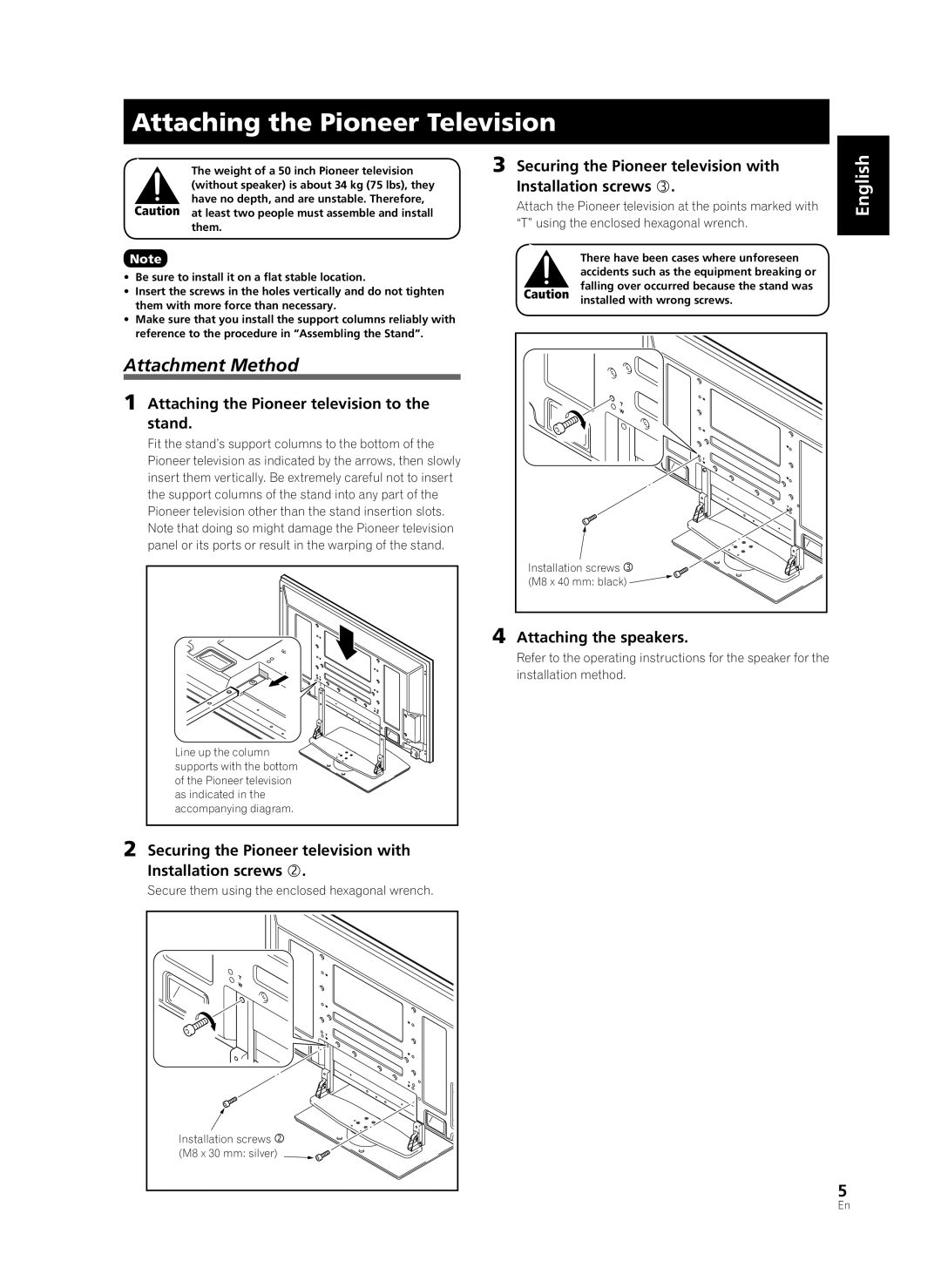 Pioneer PDK-TS36B manual Attaching the Pioneer Television, Attachment Method 