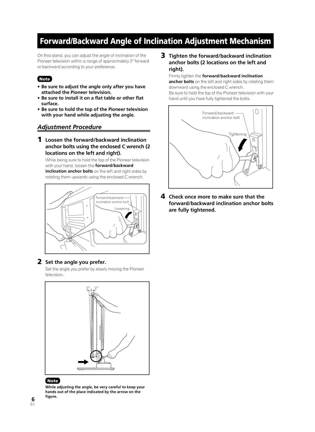 Pioneer PDK-TS36B manual Forward/Backward Angle of Inclination Adjustment Mechanism, Adjustment Procedure 