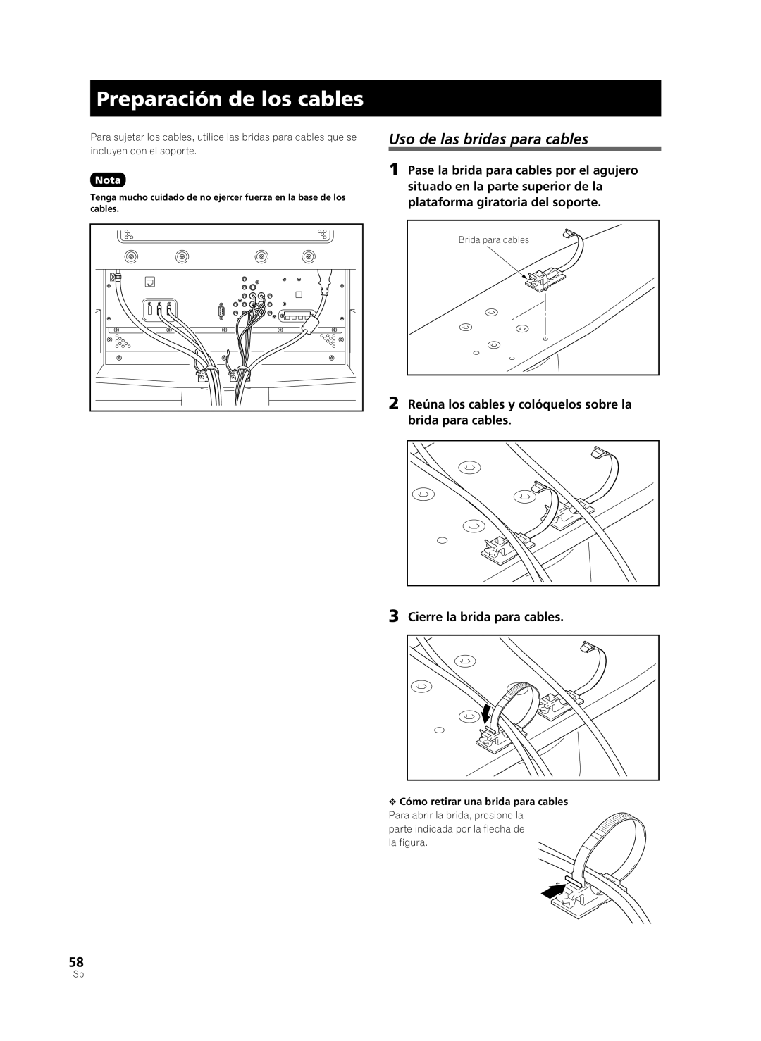 Pioneer PDK-TS36B manual Preparación de los cables, Uso de las bridas para cables 