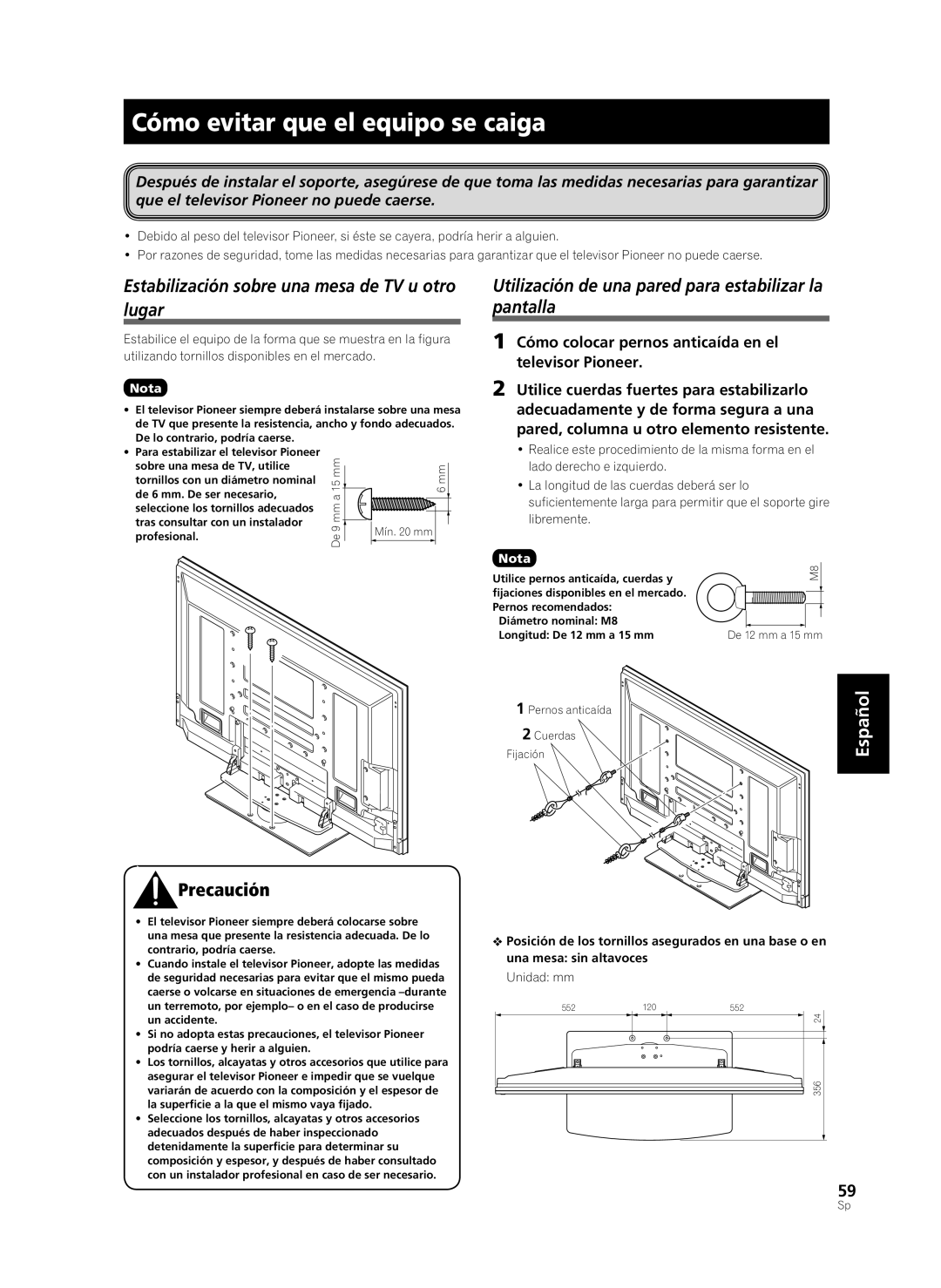 Pioneer PDK-TS36B manual Cómo evitar que el equipo se caiga, Estabilización sobre una mesa de TV u otro lugar 