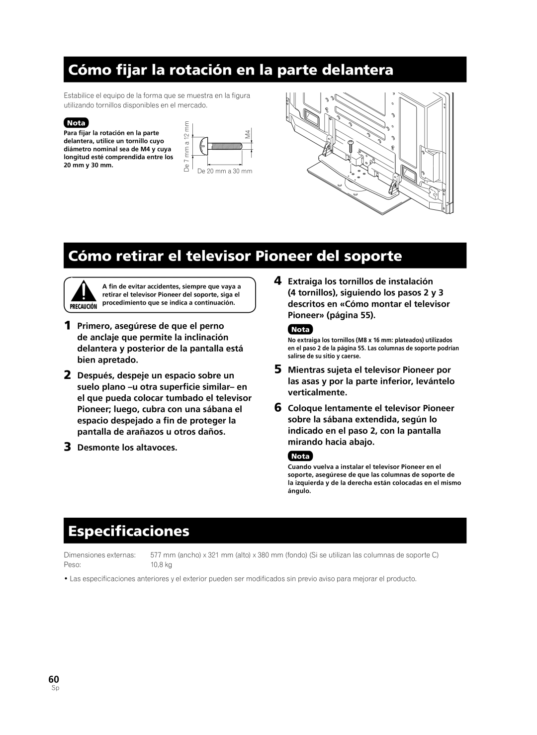 Pioneer PDK-TS36B manual Cómo fijar la rotación en la parte delantera, Cómo retirar el televisor Pioneer del soporte 