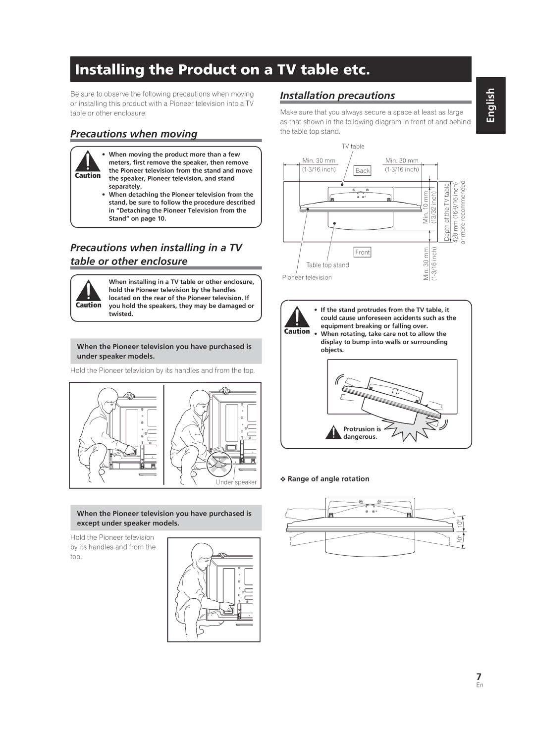 Pioneer PDK-TS36B manual Installing the Product on a TV table etc, Precautions when moving, Installation precautions 