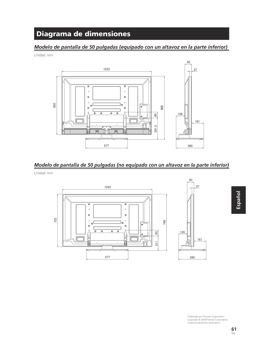 Pioneer PDK-TS36B manual Diagrama de dimensiones 