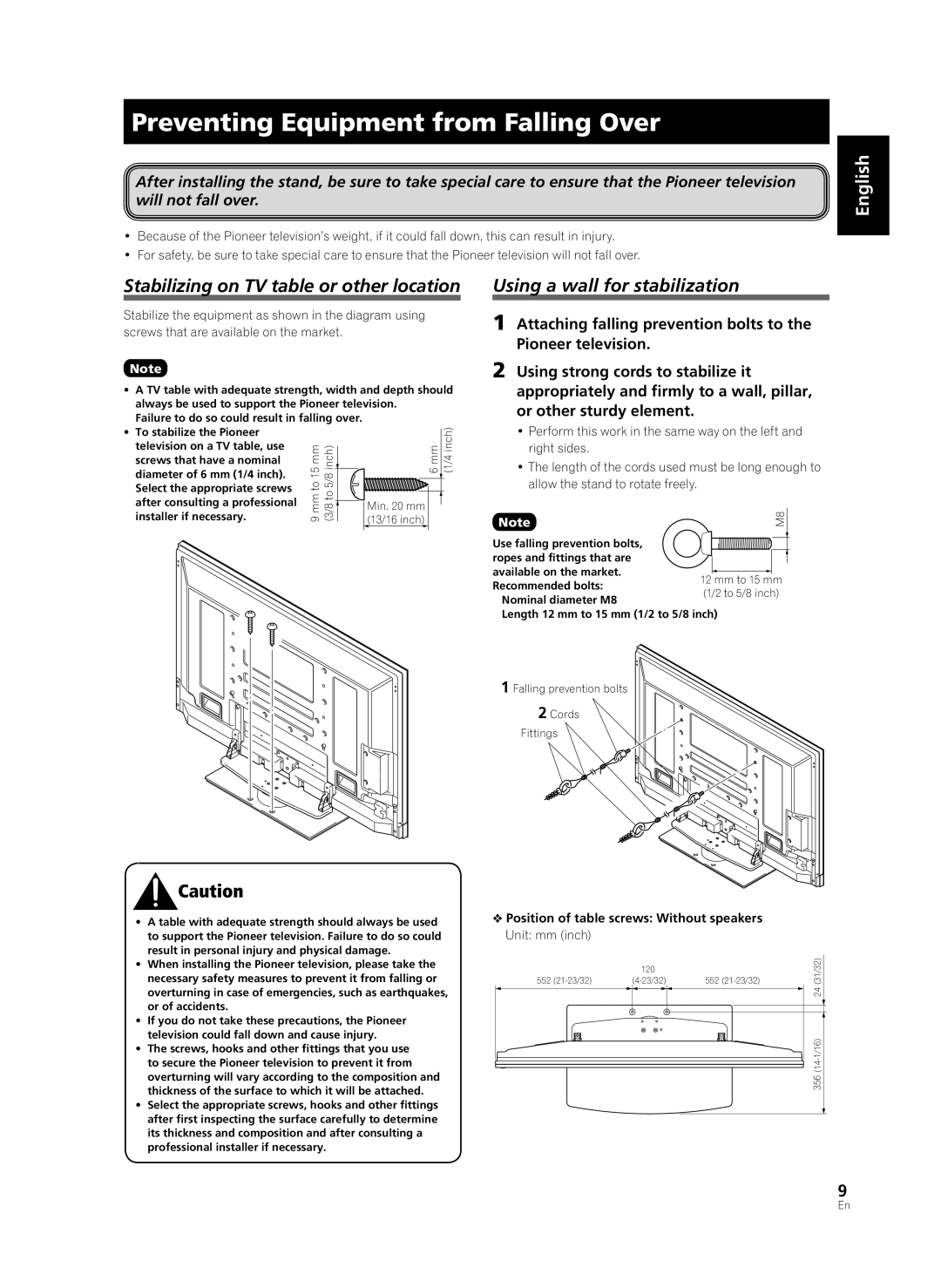 Pioneer PDK-TS36B manual Preventing Equipment from Falling Over, Stabilizing on TV table or other location 