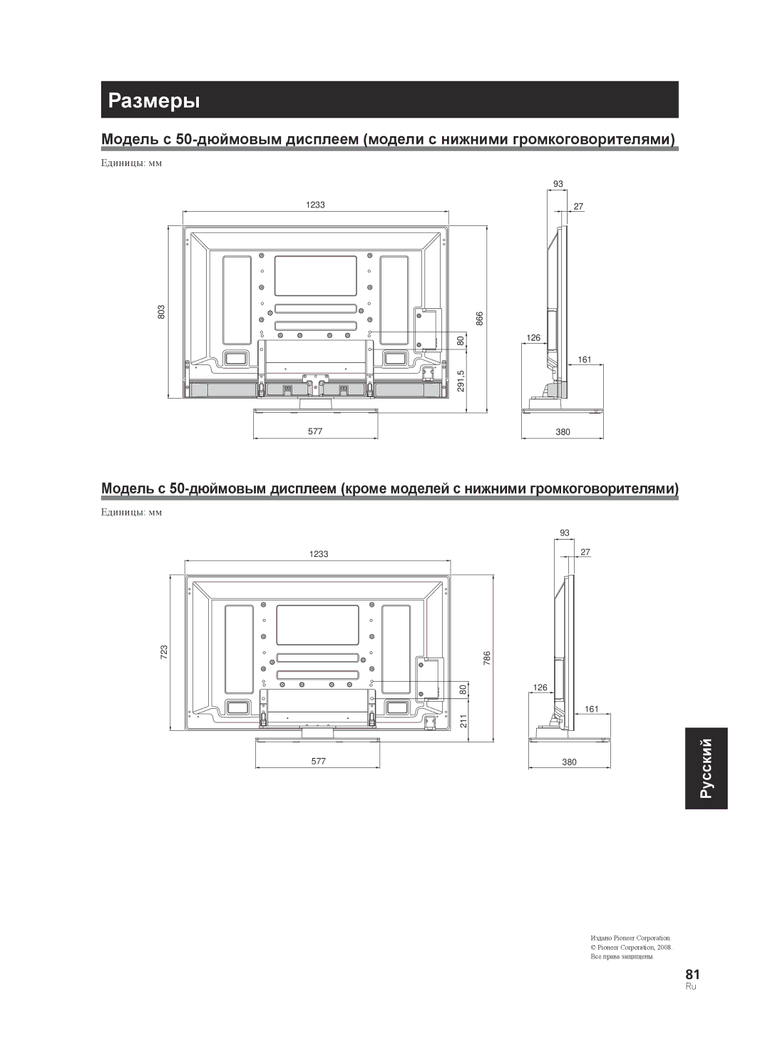 Pioneer PDK-TS36B manual Размеры 