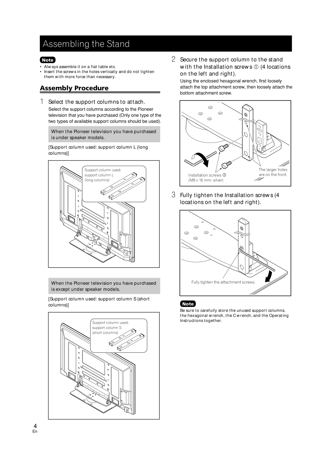 Pioneer PDK-TS36B manual Assembling the Stand, Assembly Procedure, Select the support columns to attach 