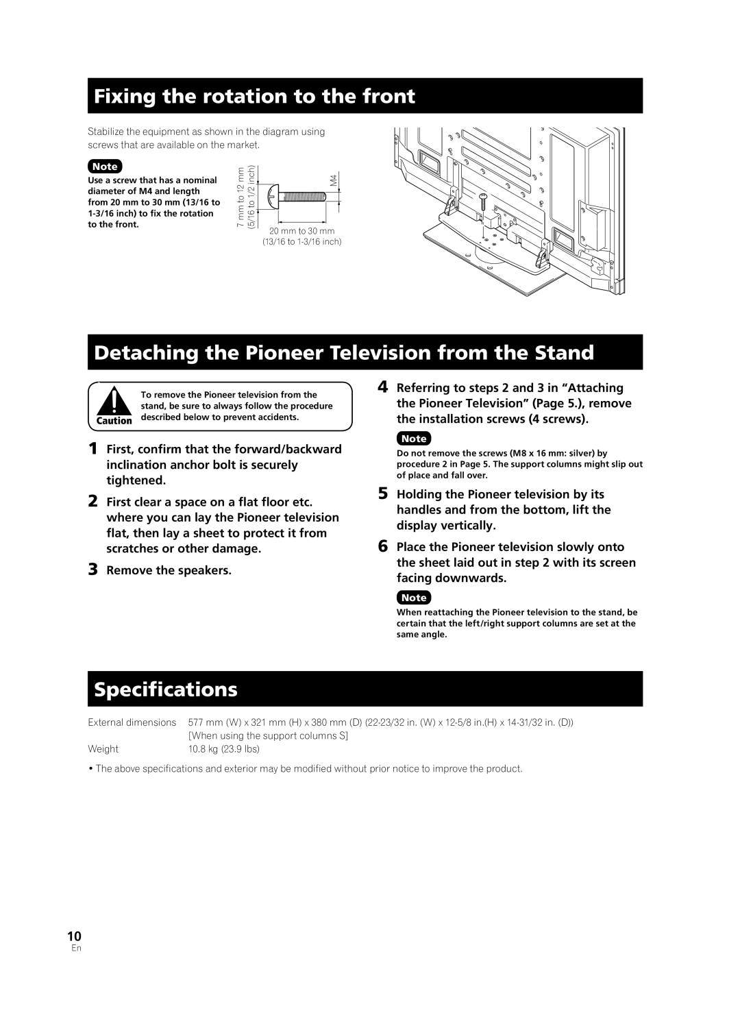 Pioneer PDK-TS36B manual Fixing the rotation to the front, Detaching the Pioneer Television from the Stand, Specifications 