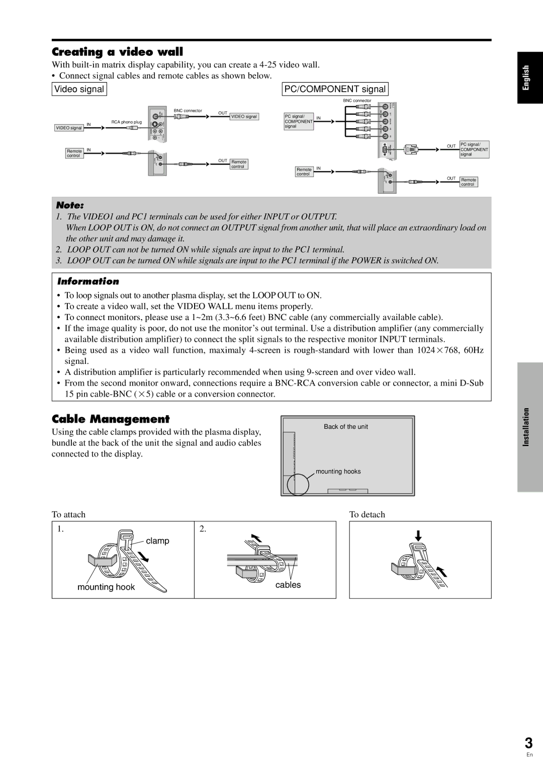 Pioneer PDP 424MV Creating a video wall, Cable Management, Video signal PC/COMPONENT signal, Clamp, Mounting hook 