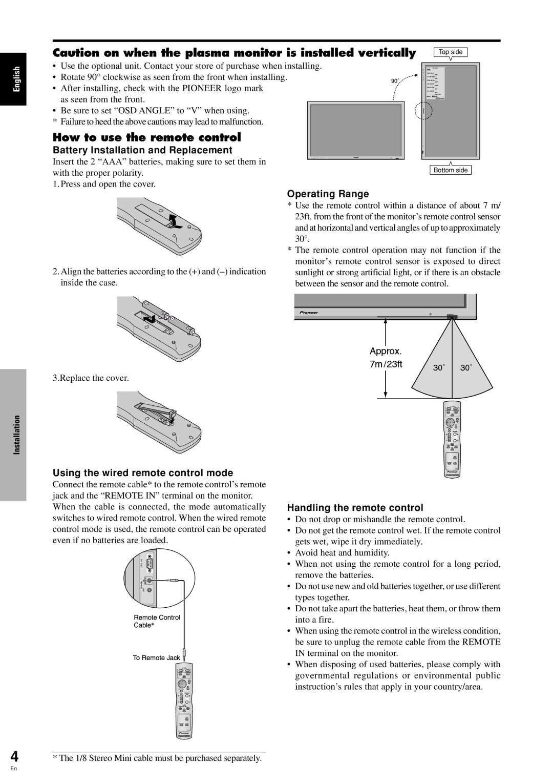 Pioneer PDP 424MV specifications How to use the remote control, Battery Installation and Replacement, Operating Range 