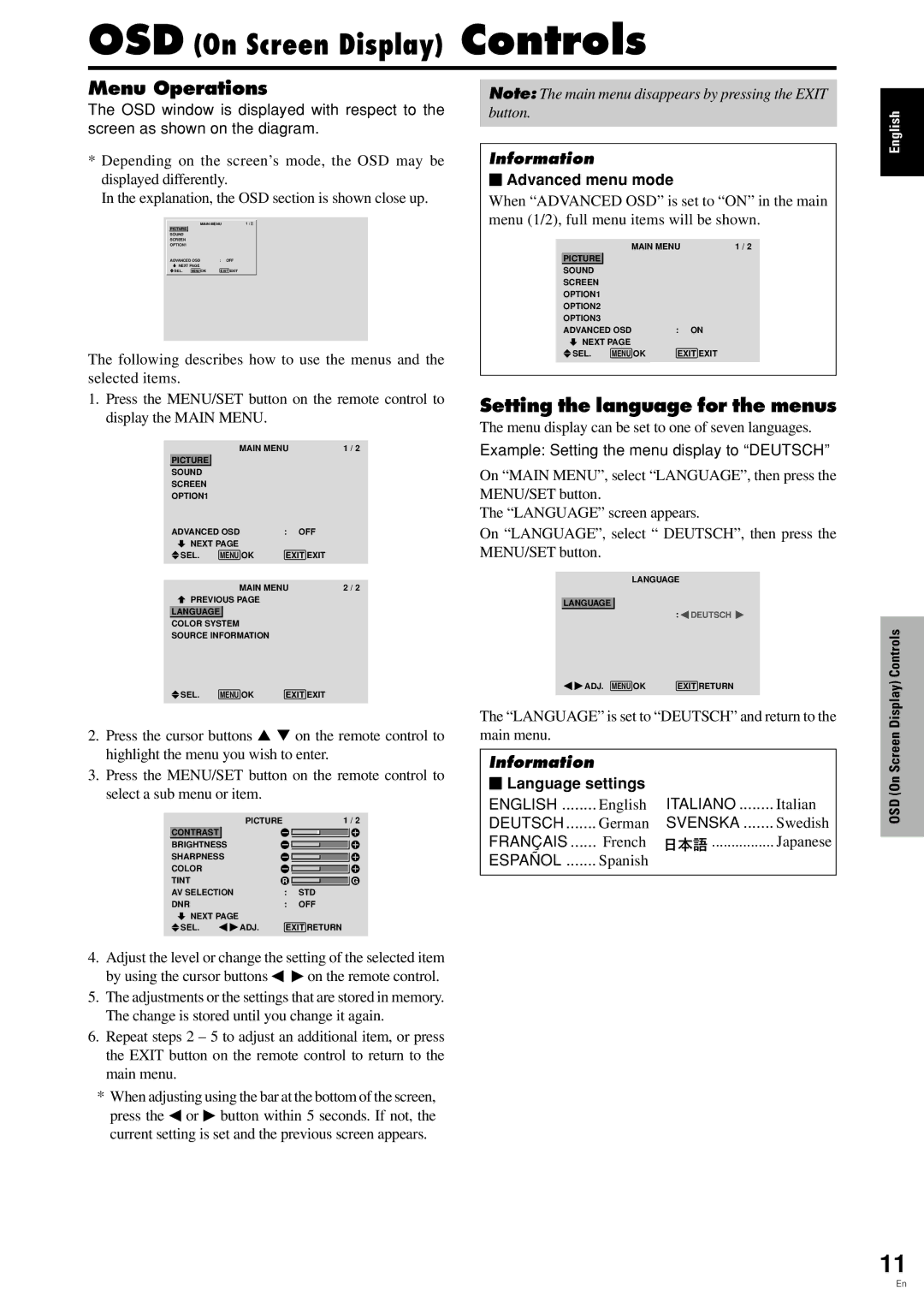 Pioneer PDP 424MV Menu Operations, Setting the language for the menus,  Advanced menu mode,  Language settings 