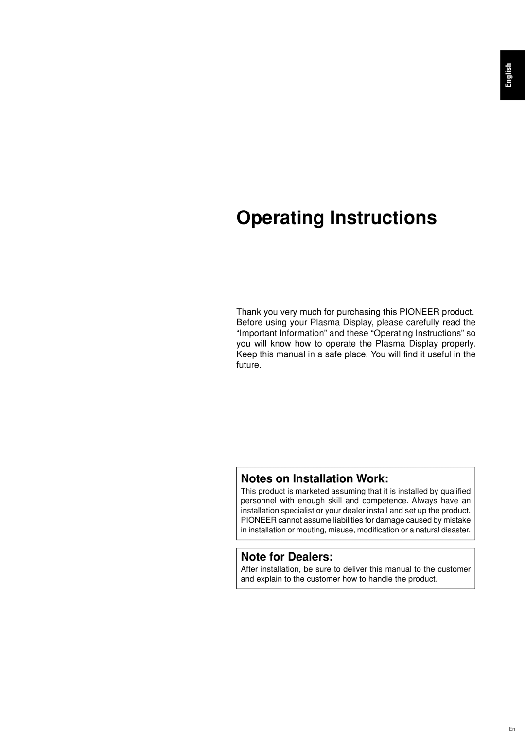 Pioneer PDP 424MV specifications Operating Instructions 