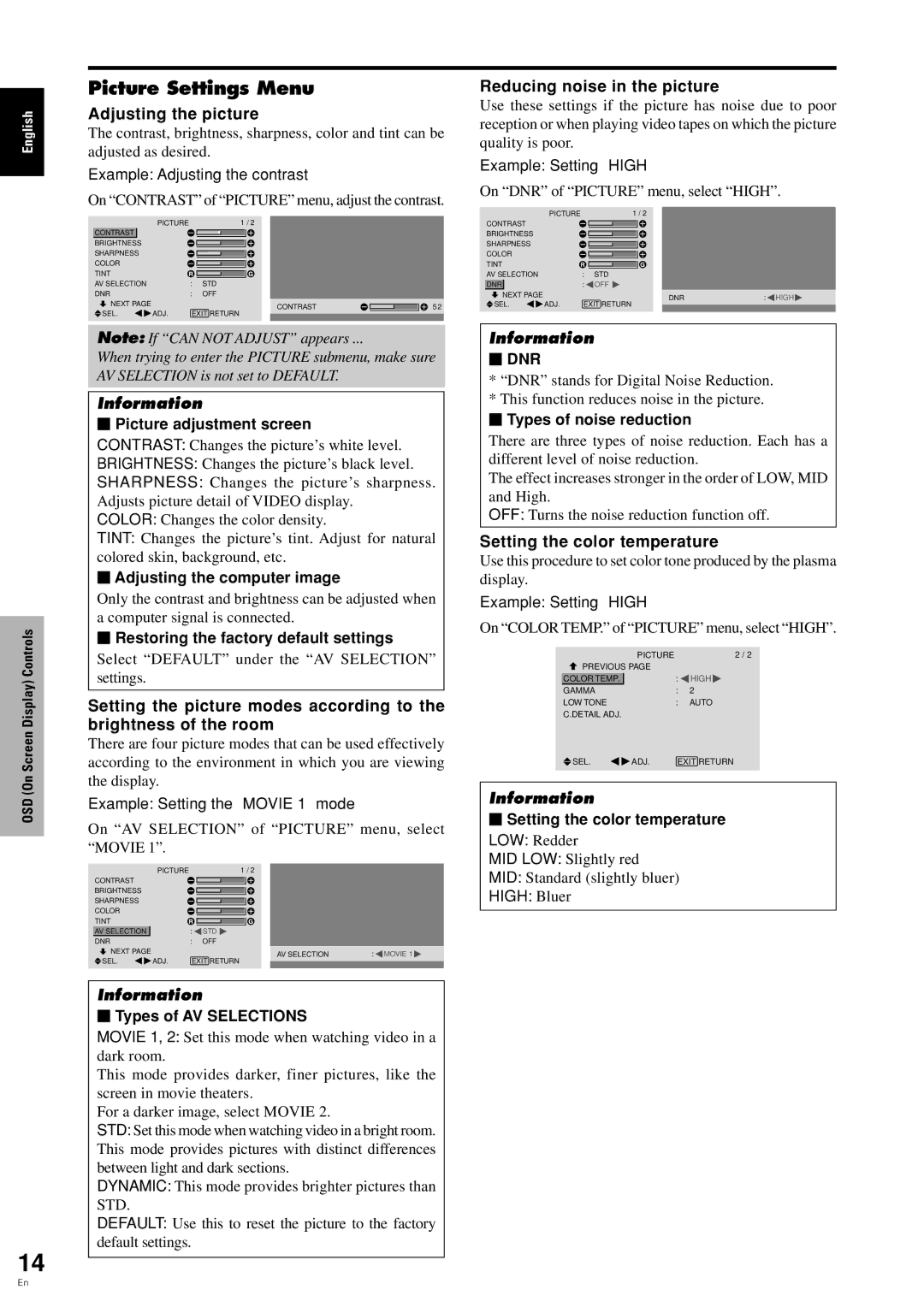 Pioneer PDP 424MV specifications Picture Settings Menu, Adjusting the picture, Reducing noise in the picture 