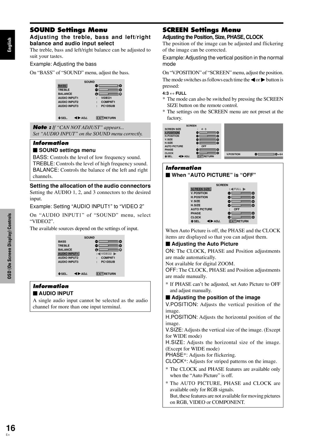 Pioneer PDP 424MV specifications Sound Settings Menu, Screen Settings Menu, Setting the allocation of the audio connectors 